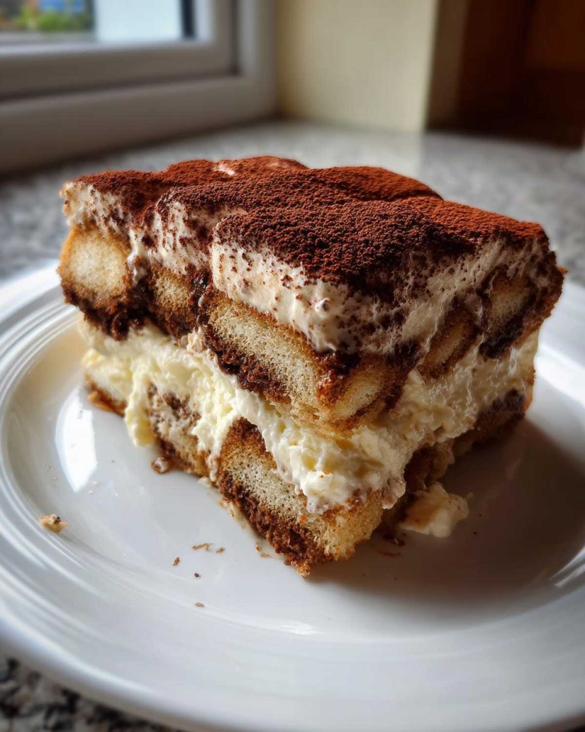 A generous slice of tiramisu cheesecake layered with ladyfingers and cream, dusted heavily with cocoa powder.