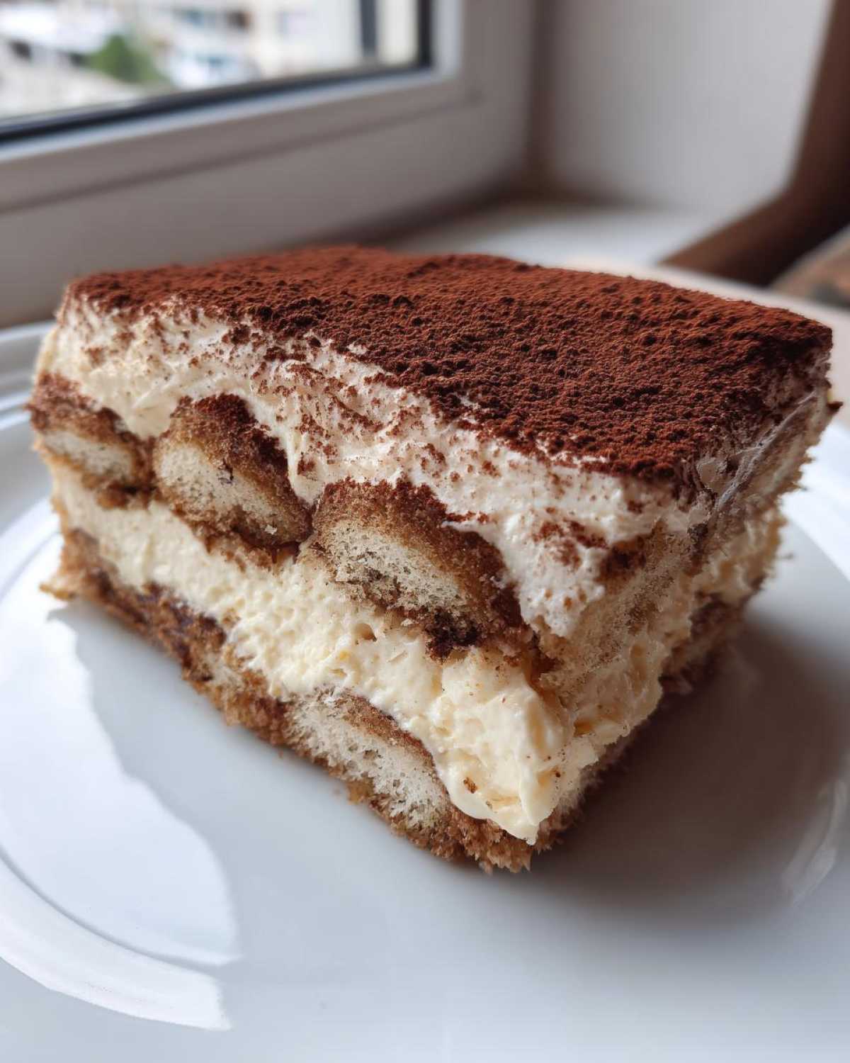Close-up of a rich slice of tiramisu cheesecake featuring layers of ladyfingers, cream, and cocoa powder.