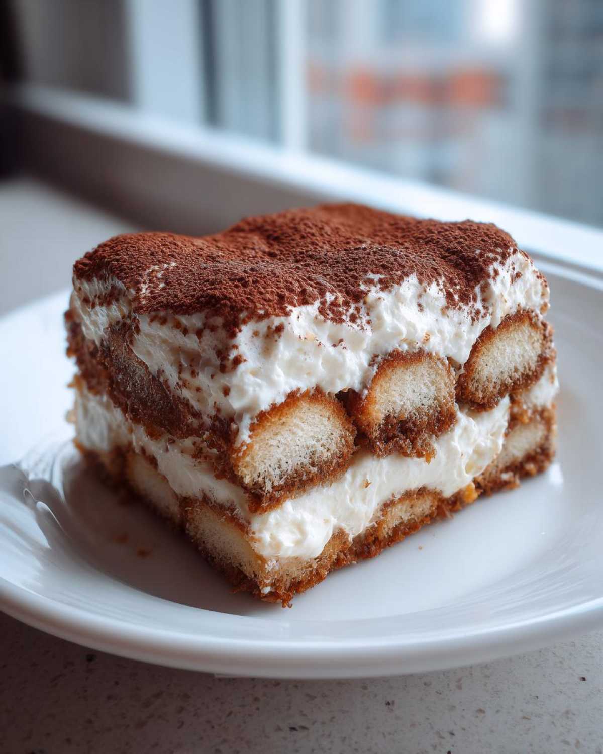 A perfect slice of tiramisu cheesecake featuring layers of ladyfingers, cream, and cocoa powder dusting.