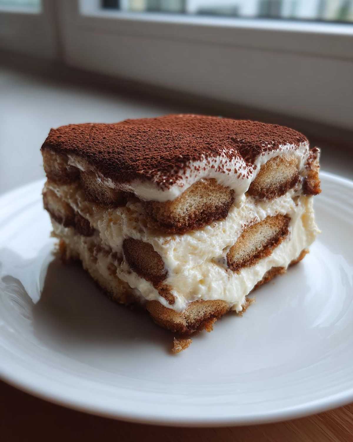 A square slice of tiramisu cheesecake layered with ladyfingers and cream, dusted with cocoa powder.