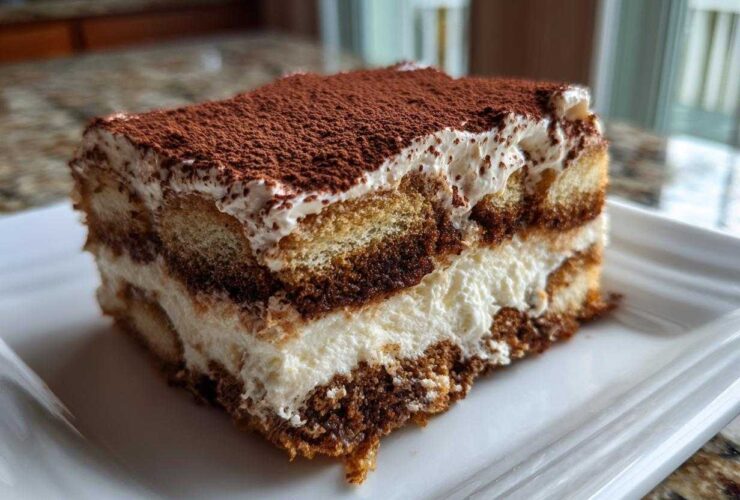 A rich, layered slice of tiramisu cheesecake dusted heavily with cocoa powder on a white plate.