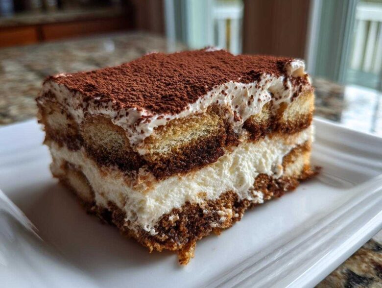 A rich, layered slice of tiramisu cheesecake dusted heavily with cocoa powder on a white plate.