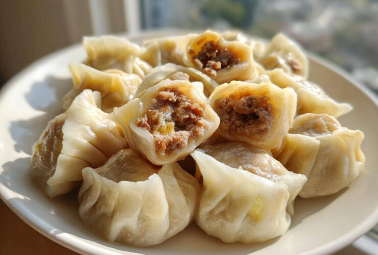 A plate piled high with freshly steamed Traditional Chinese Dumplings, showing the savory meat filling in the cut ones.