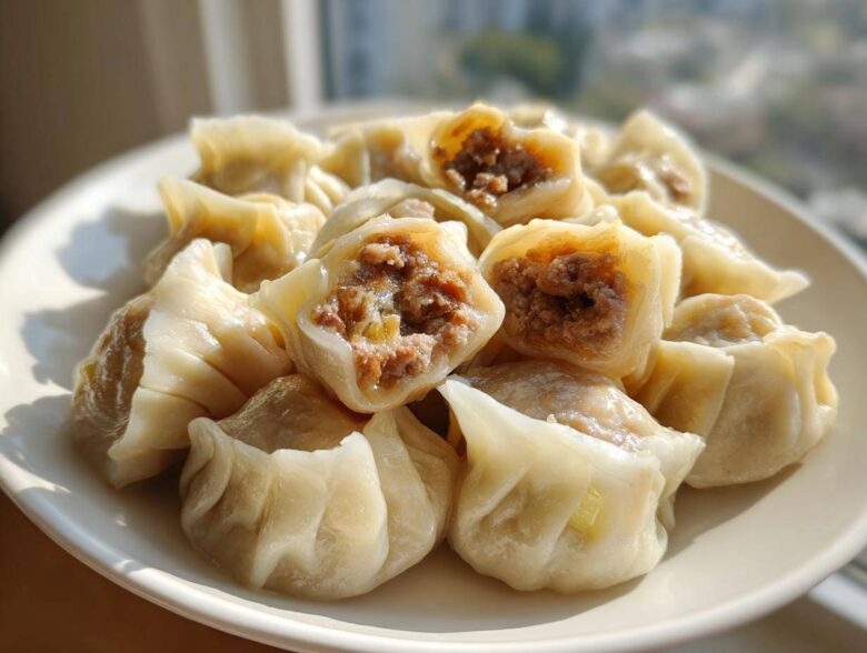 A plate piled high with freshly steamed Traditional Chinese Dumplings, showing the savory meat filling in the cut ones.