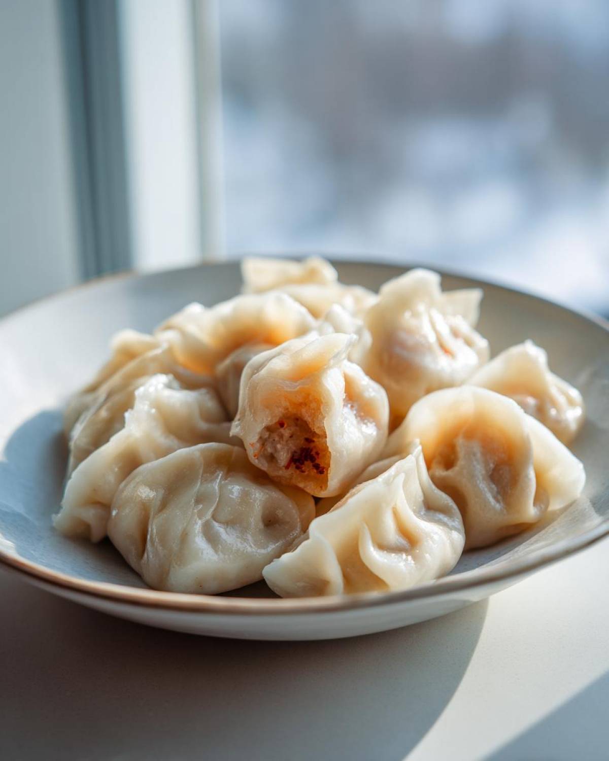 A plate piled high with freshly steamed Traditional Chinese Dumplings, one showing the savory filling inside.