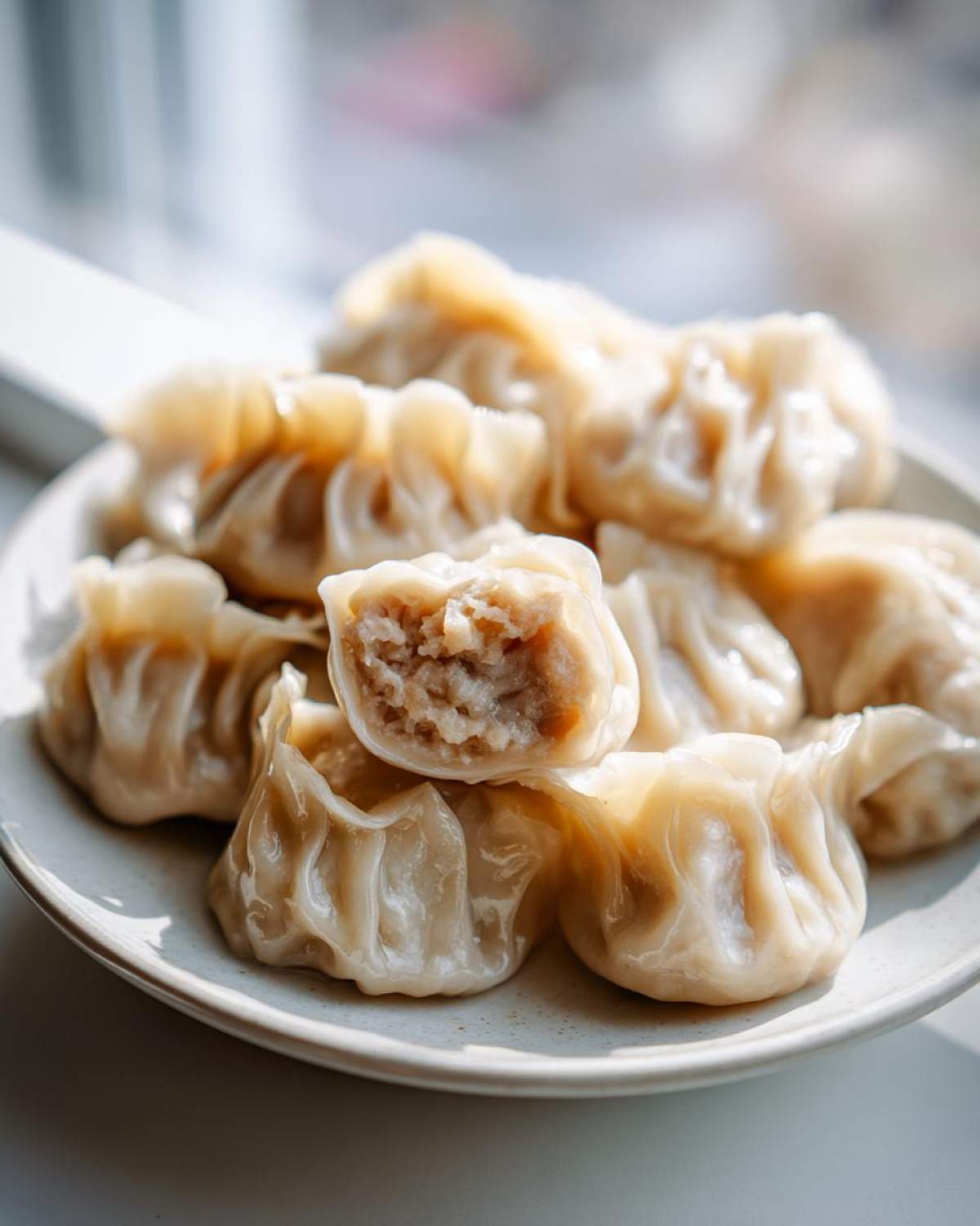 Close-up of steamed Traditional Chinese Dumplings on a plate, one cut open showing the savory meat filling.