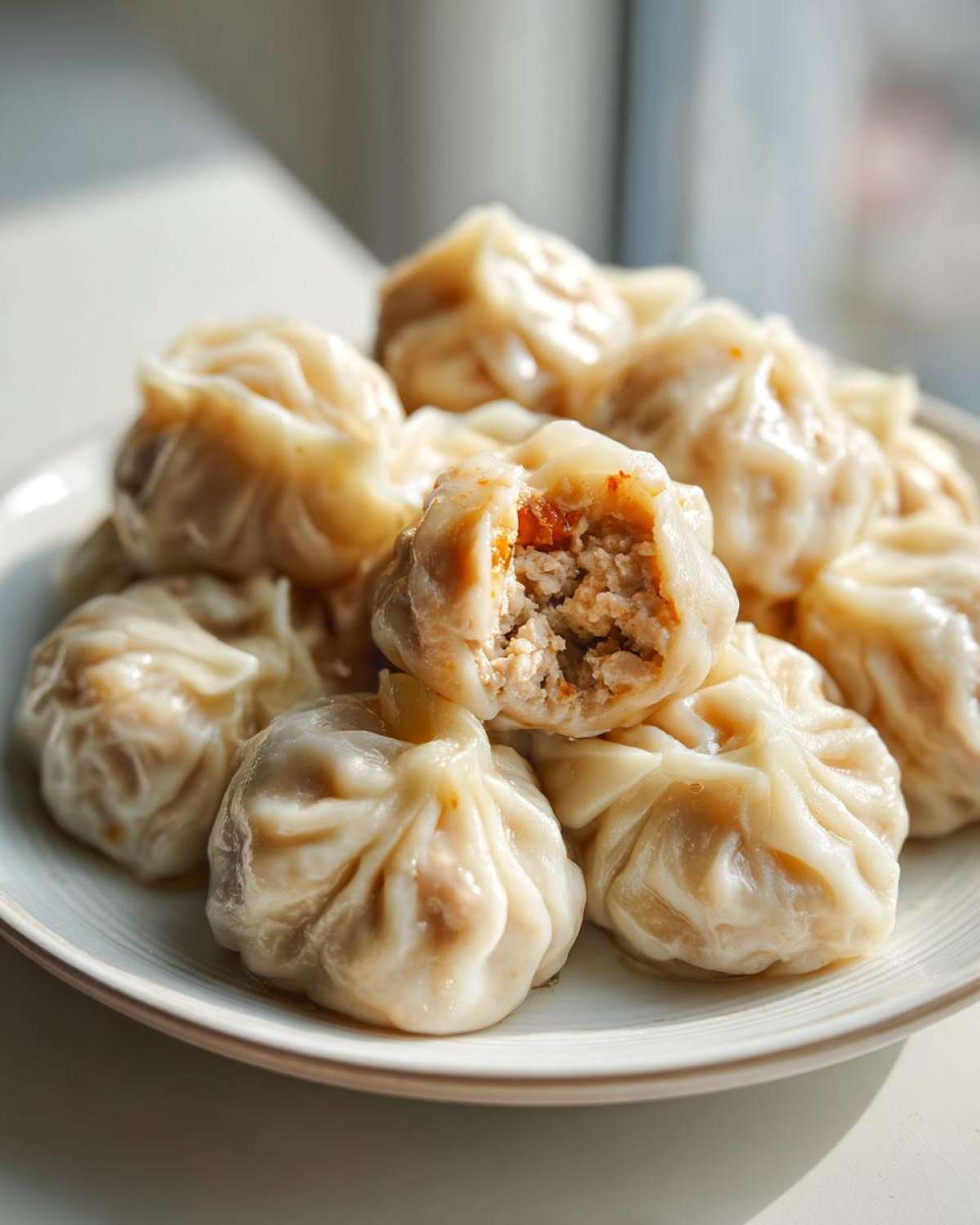 A close-up of steamed Traditional Chinese Dumplings piled on a plate, one dumpling is broken open revealing the savory meat filling.