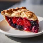A close-up of a juicy slice of triple berry pie showing strawberries and blackberries, with a flaky, golden crust.