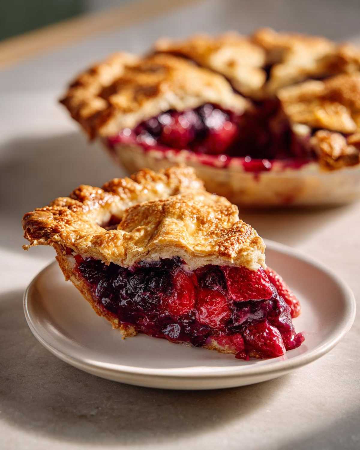 A thick slice of triple berry pie showing vibrant red and dark berries with a flaky, golden crust.