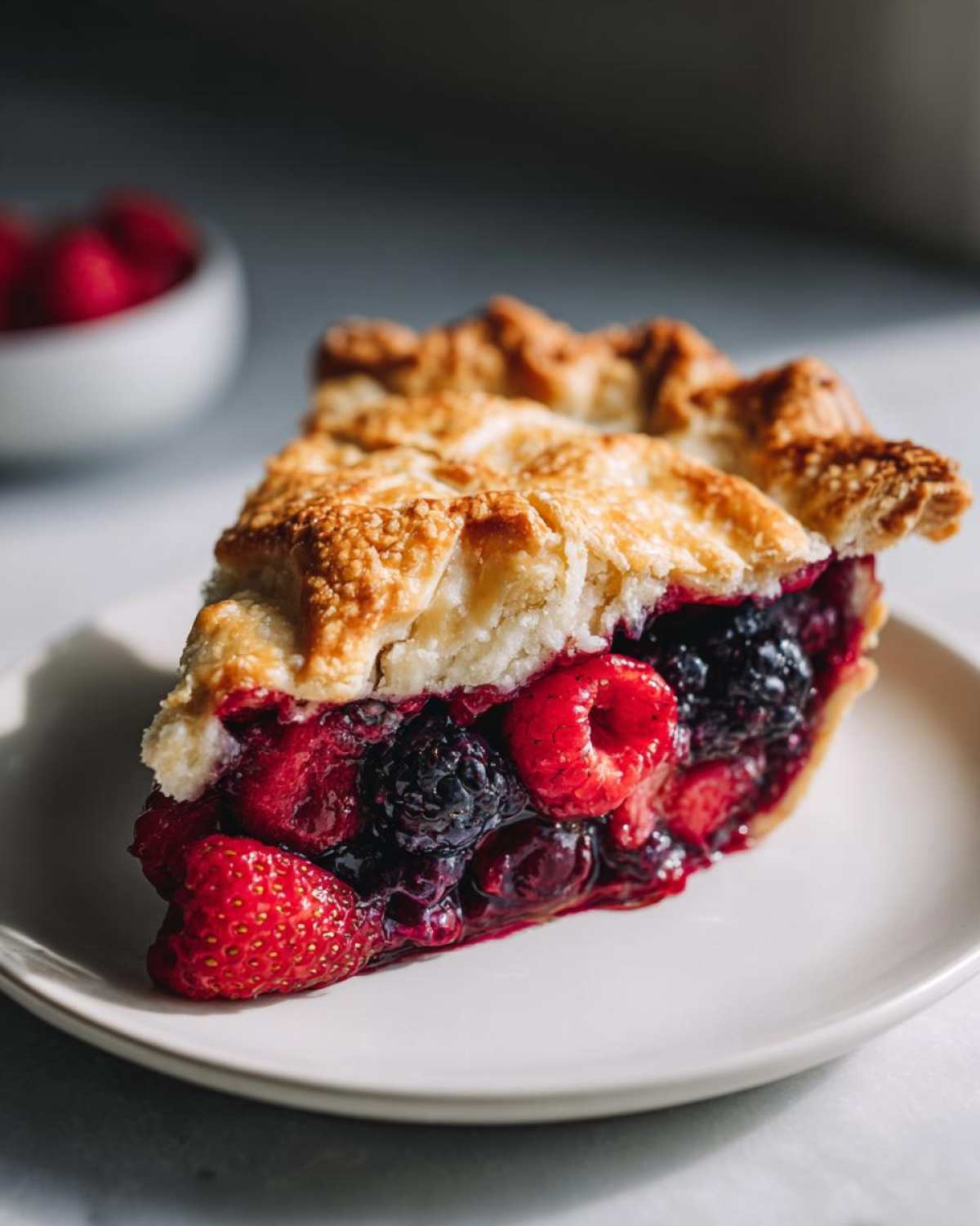 A close-up of a juicy slice of triple berry pie showing strawberries, raspberries, and blackberries.