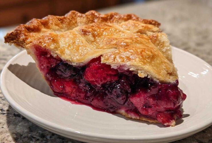 A close-up of a juicy slice of triple berry pie showing the rich berry filling and flaky golden crust.