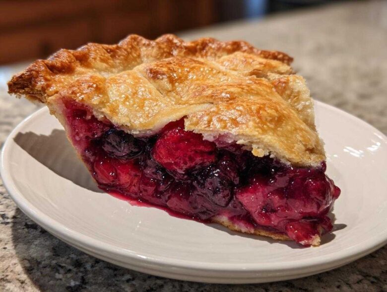 A close-up of a juicy slice of triple berry pie showing the rich berry filling and flaky golden crust.