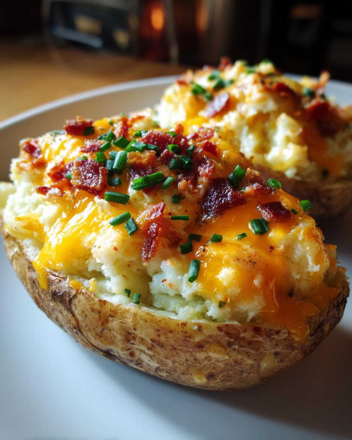 Close-up of two delicious twice baked potatoes loaded with melted cheddar cheese, bacon bits, and fresh chives.
