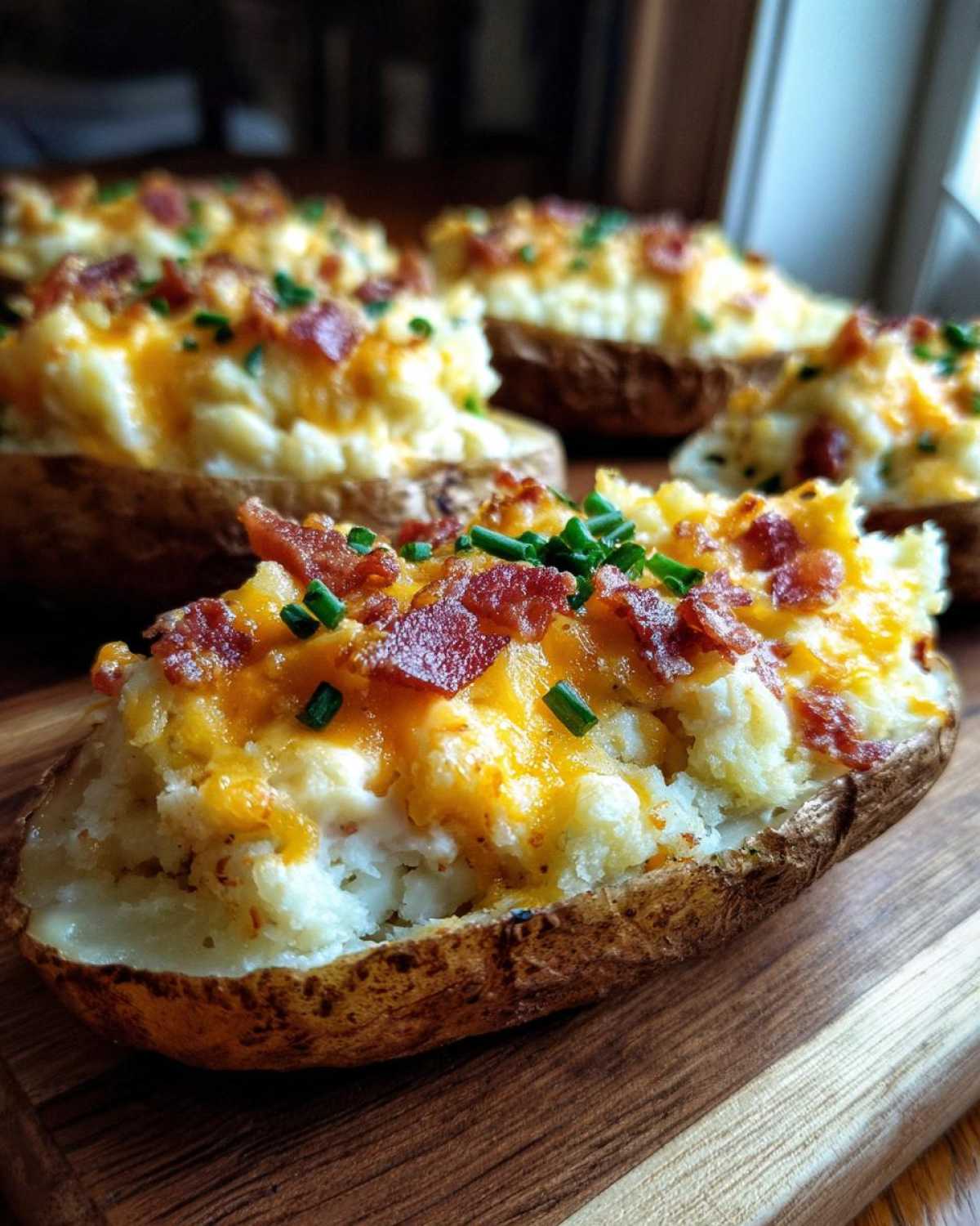 A close-up of a delicious twice-baked potato loaded with mashed filling, melted cheddar cheese, bacon bits, and chives.