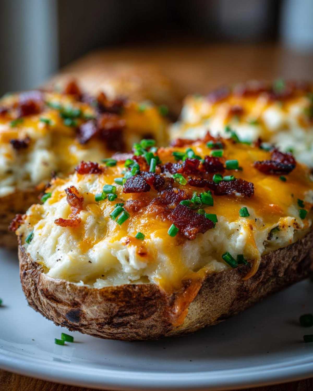 Close-up of a perfectly prepared twice baked potatoes topped with melted cheddar, bacon bits, and fresh chives.
