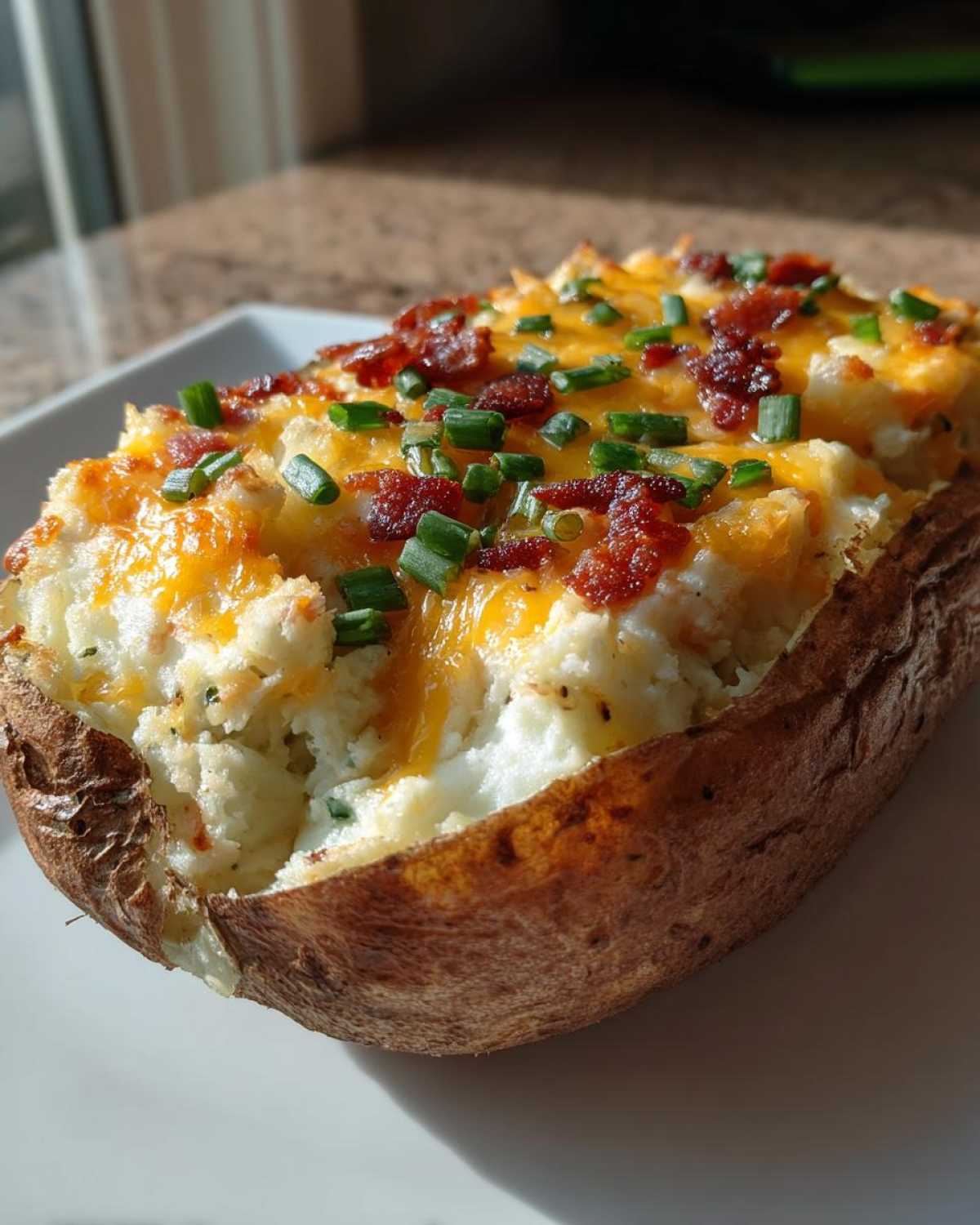 A close-up of a single, perfectly loaded twice baked potatoes topped with melted cheddar cheese, crispy bacon bits, and fresh green chives.