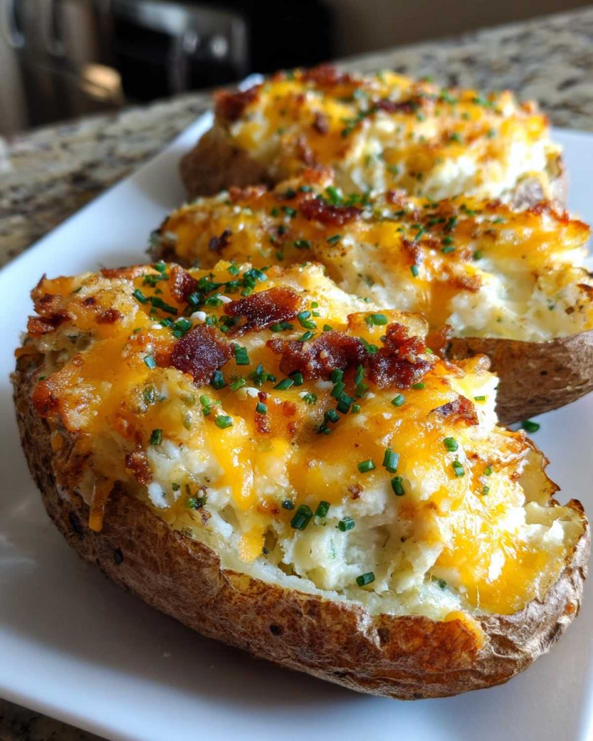 Three loaded twice baked potatoes topped with melted cheddar cheese, bacon bits, and fresh chives on a white plate.