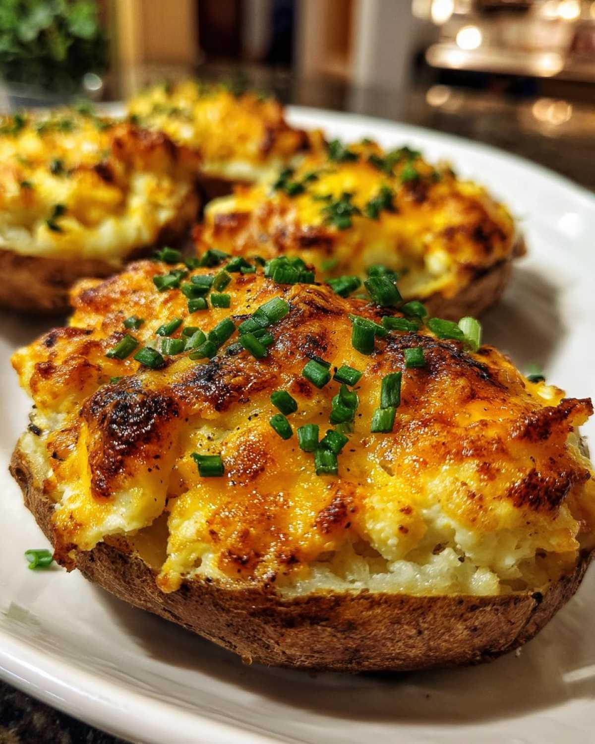 Close-up of delicious twice-baked potatoes stuffed with cheesy filling and topped with fresh chives.