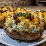 Close-up of several loaded twice baked potatoes topped with melted cheddar cheese, bacon bits, and chives.