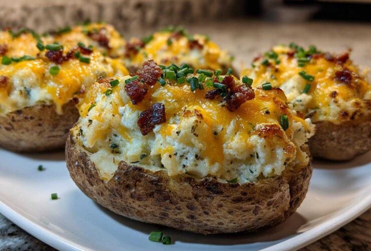 Close-up of several loaded twice baked potatoes topped with melted cheddar cheese, bacon bits, and chives.