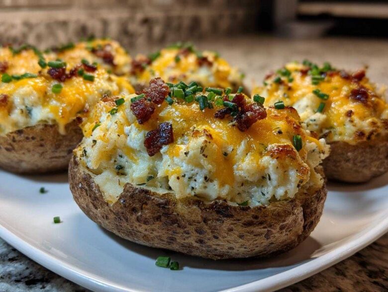 Close-up of several loaded twice baked potatoes topped with melted cheddar cheese, bacon bits, and chives.