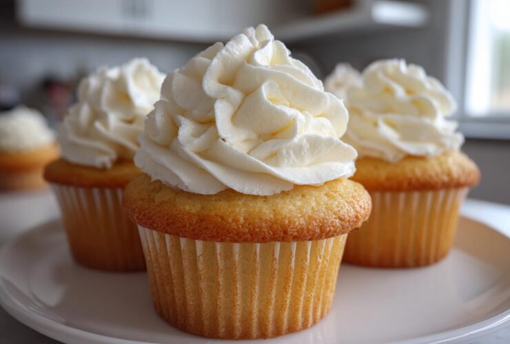 Three moist vanilla cupcakes topped with high swirls of creamy white frosting sitting on a white plate.