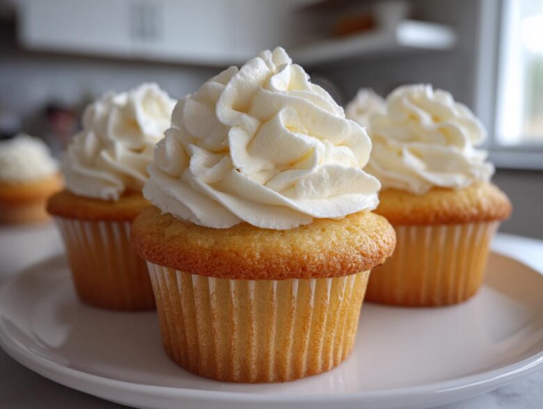 Three moist vanilla cupcakes topped with high swirls of creamy white frosting sitting on a white plate.