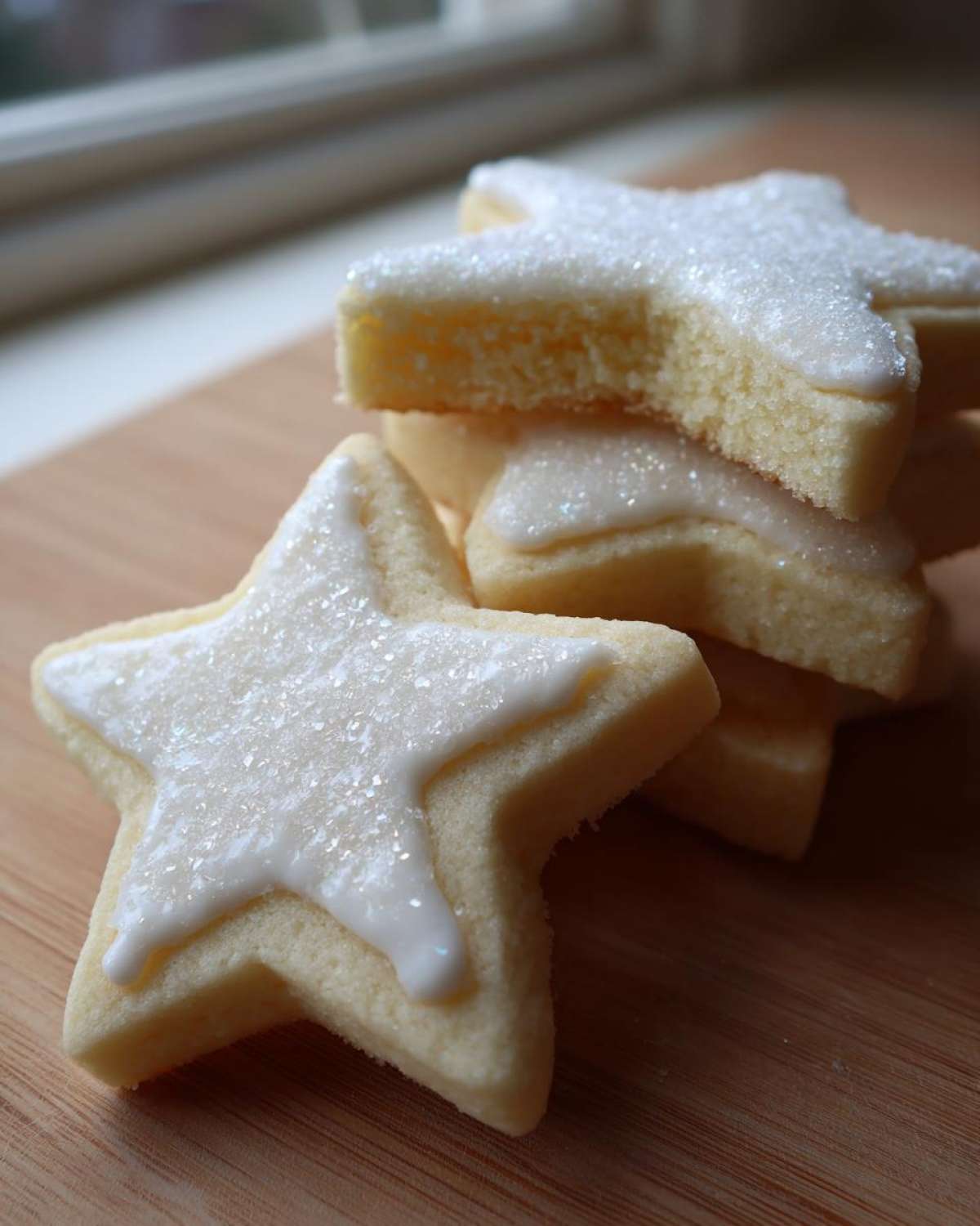 Close-up of soft, star-shaped vegan sugar cookies topped with white glaze and sparkling sugar.