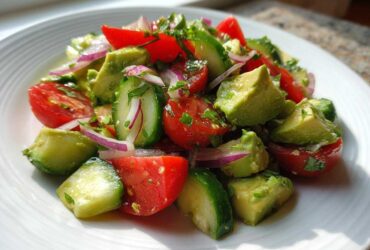 Close-up of a fresh avocado salad featuring chunks of avocado, tomato, cucumber, and red onion on a white plate.