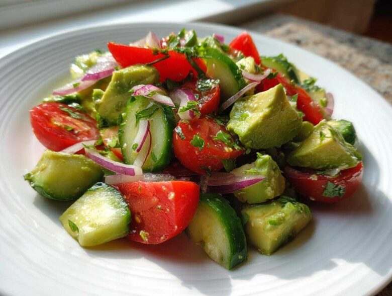 Close-up of a fresh avocado salad featuring chunks of avocado, tomato, cucumber, and red onion on a white plate.