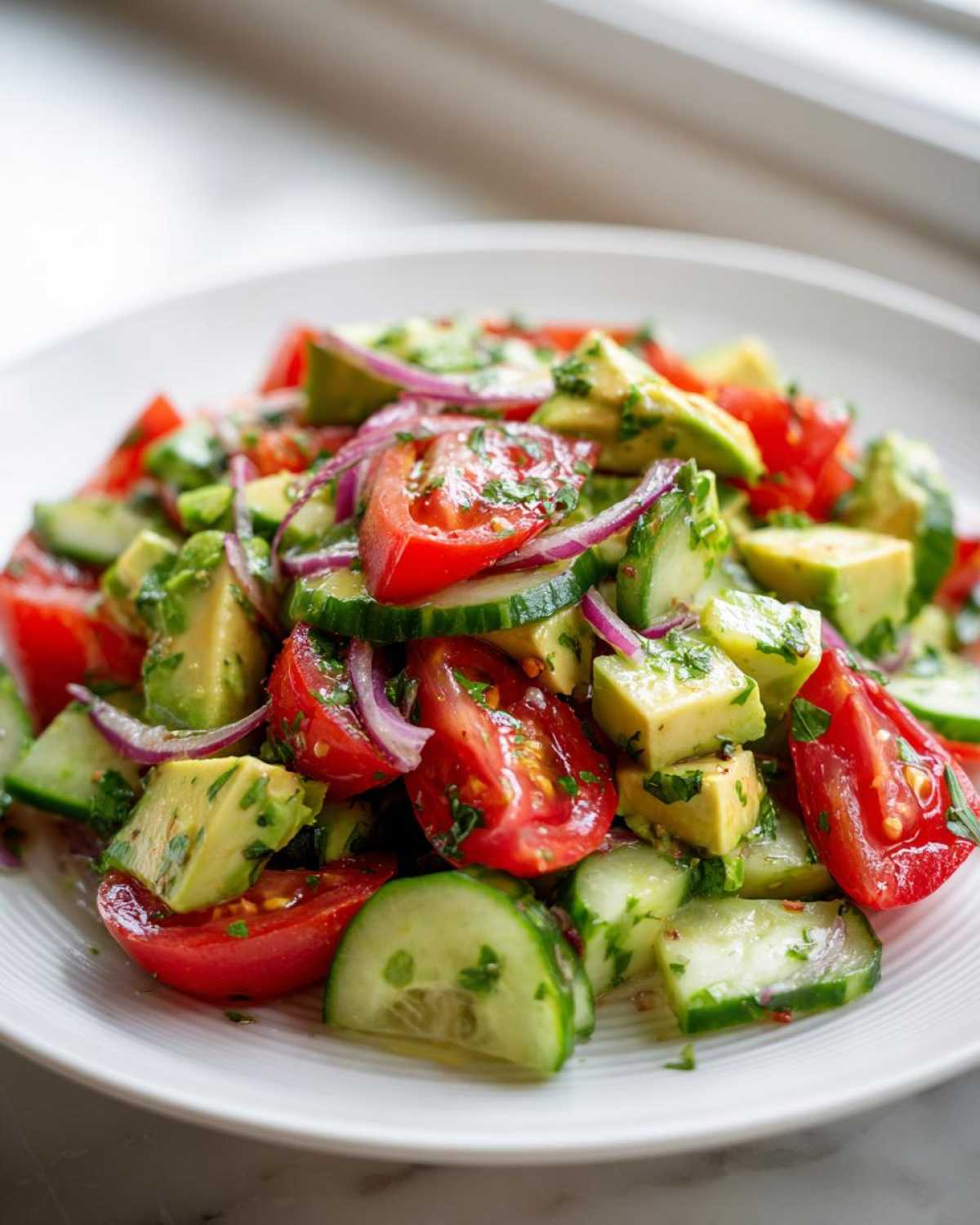 Close-up of a fresh avocado salad featuring chunks of avocado, red tomato wedges, sliced cucumber, and red onion.