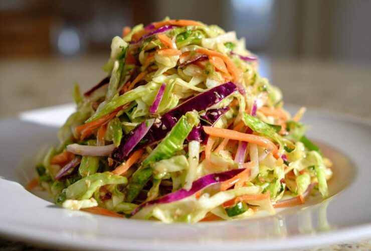 A mound of fresh, colorful cabbage salad featuring shredded green cabbage, purple cabbage, and carrots, served on a white plate.