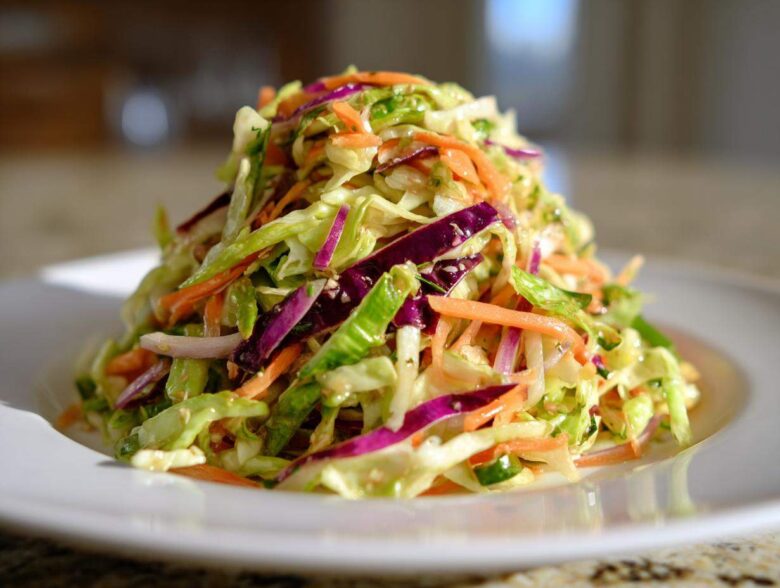 A mound of fresh, colorful cabbage salad featuring shredded green cabbage, purple cabbage, and carrots, served on a white plate.