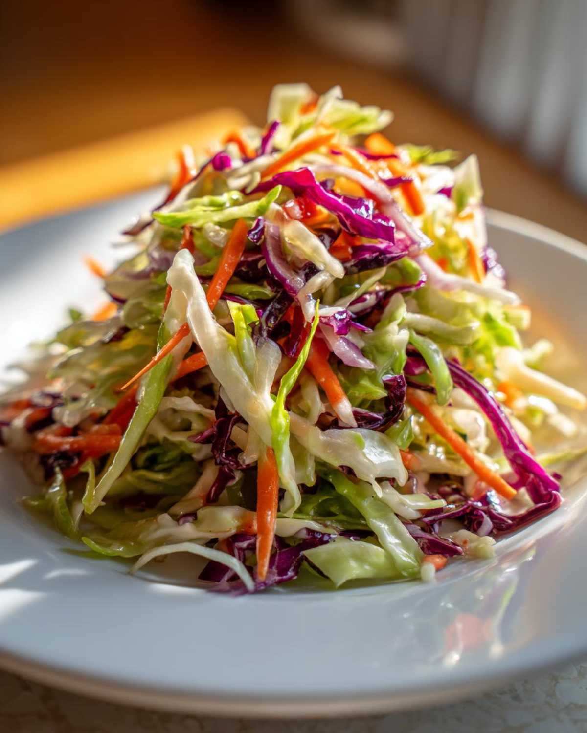 Close-up of a mound of fresh cabbage salad featuring shredded green cabbage, red cabbage, and carrots.