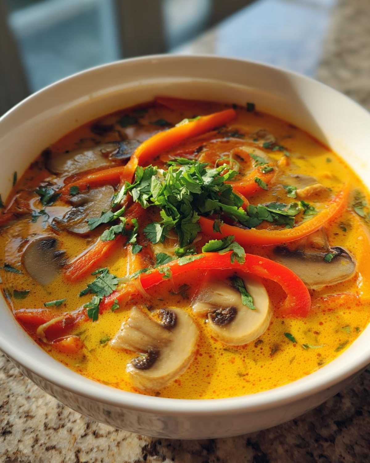 Close-up of a white bowl filled with rich, yellow coconut curry soup featuring sliced mushrooms, red bell peppers, and fresh cilantro.
