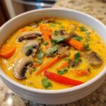 A close-up of a white bowl filled with creamy, yellow coconut curry soup topped with sliced mushrooms, carrots, and cilantro.