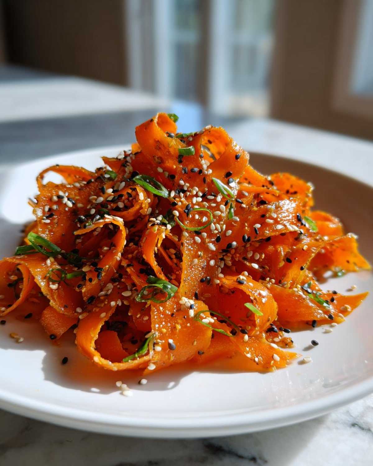 Close-up of a vibrant raw carrot salad made with shaved carrot ribbons, topped generously with black and white sesame seeds and green onions.