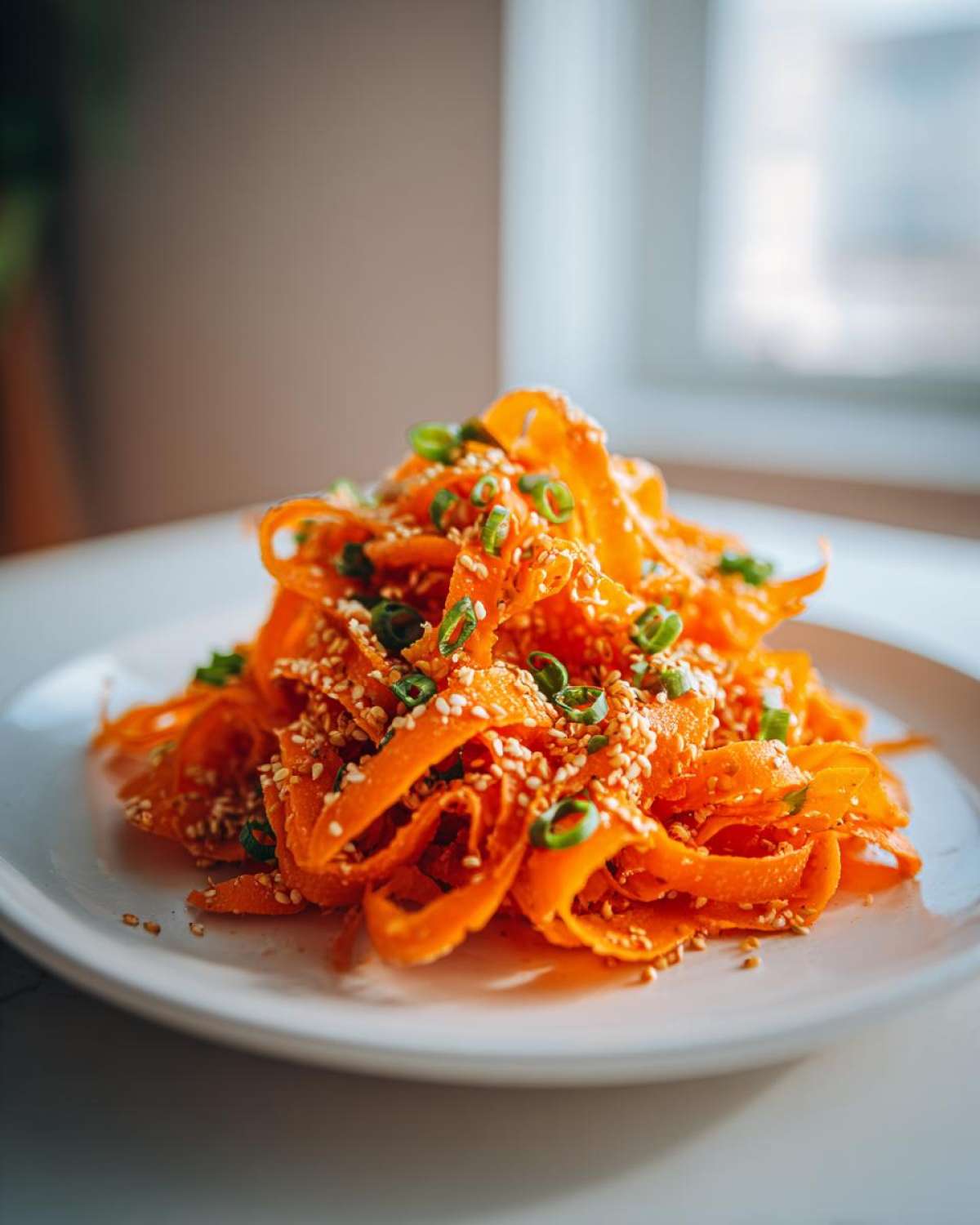 A close-up of a bright orange raw carrot salad made with shaved ribbons, topped with sesame seeds and green onions.