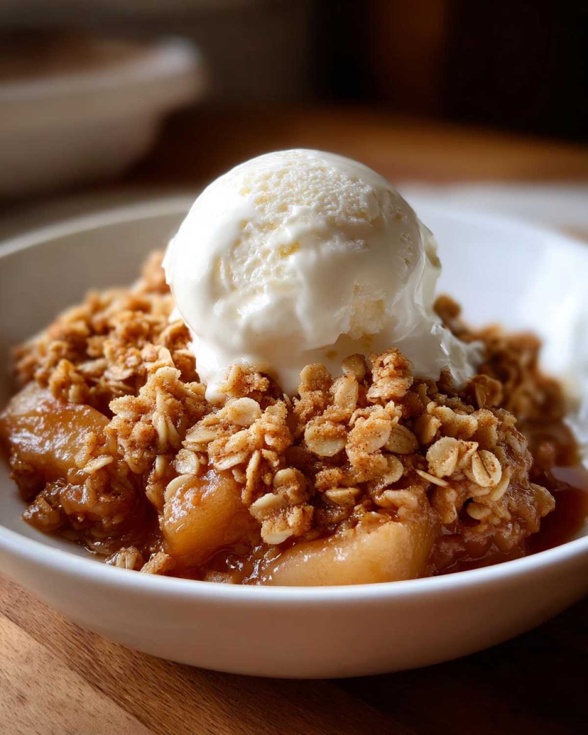 A close-up of a warm serving of pear crisp topped with a melting scoop of vanilla ice cream.