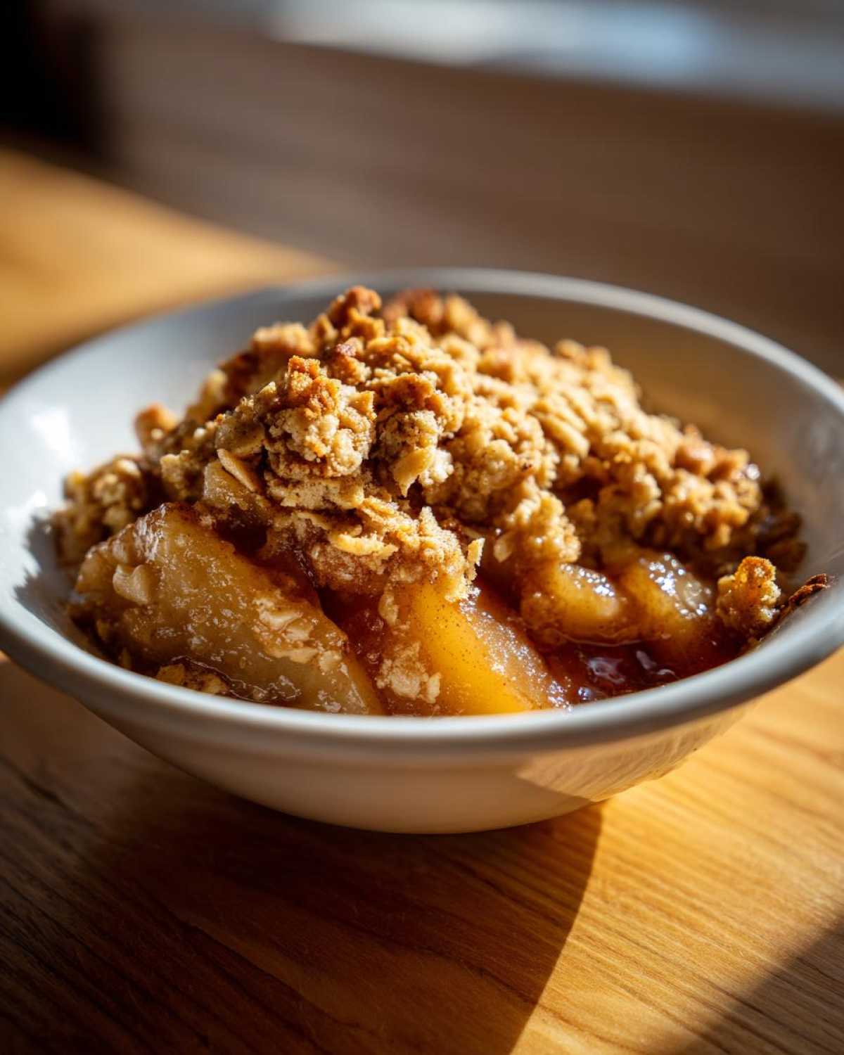 A close-up shot of a warm serving of pear crisp with a golden, crumbly topping in a white bowl.