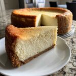 A perfect slice of creamy white chocolate cheesecake with a graham cracker crust sits on a white plate.
