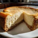 A slice cut from a whole white chocolate cheesecake, showing the creamy interior and graham cracker crust.