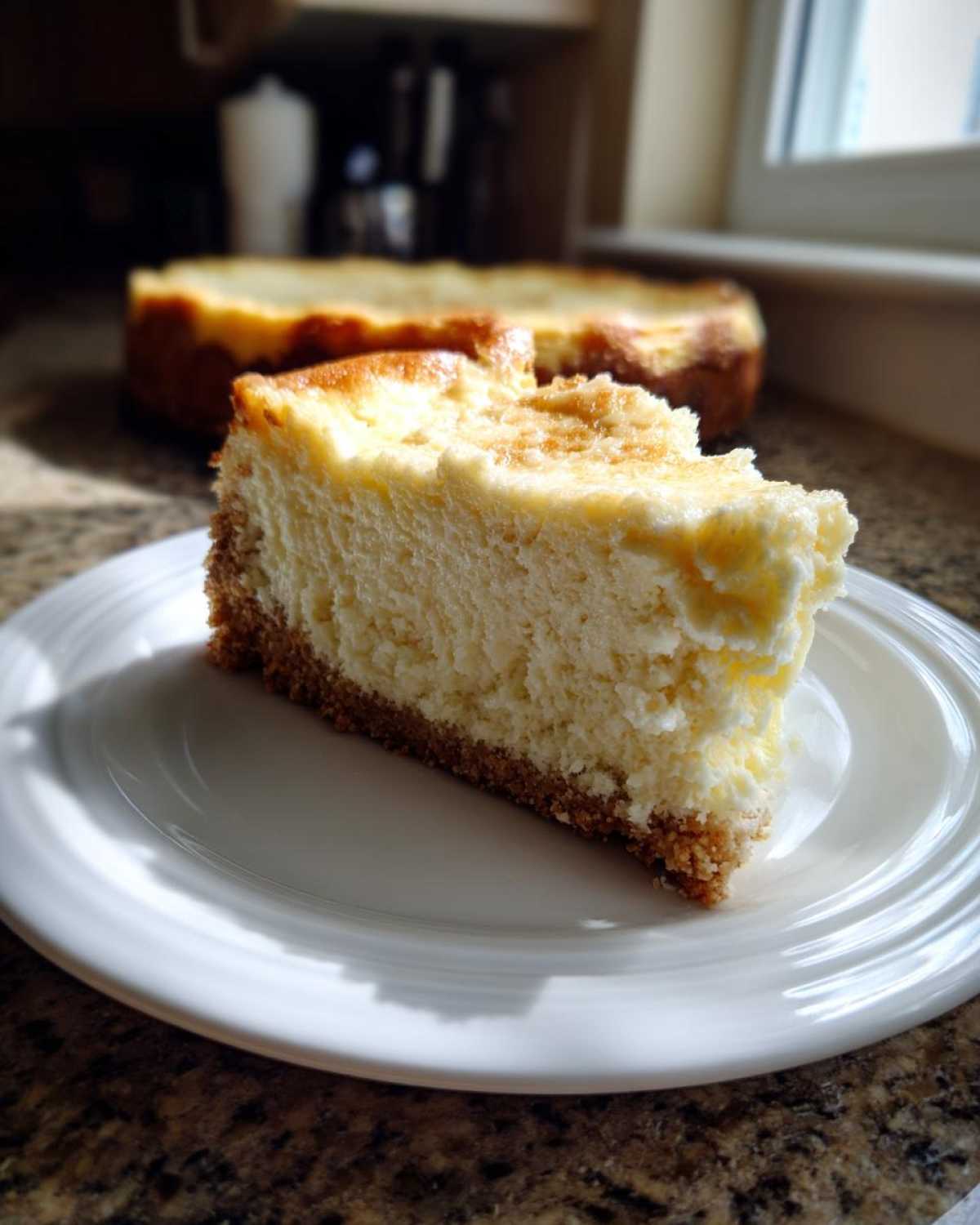 A thick slice of creamy white chocolate cheesecake with a graham cracker crust on a white plate.