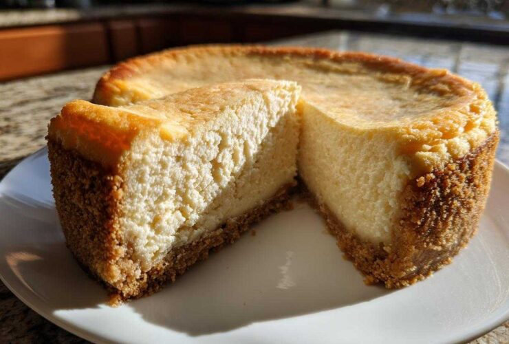 A slice cut from a whole white chocolate cheesecake, showing the creamy interior and graham cracker crust.
