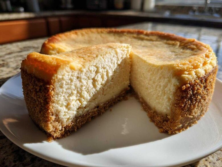 A slice cut from a whole white chocolate cheesecake, showing the creamy interior and graham cracker crust.