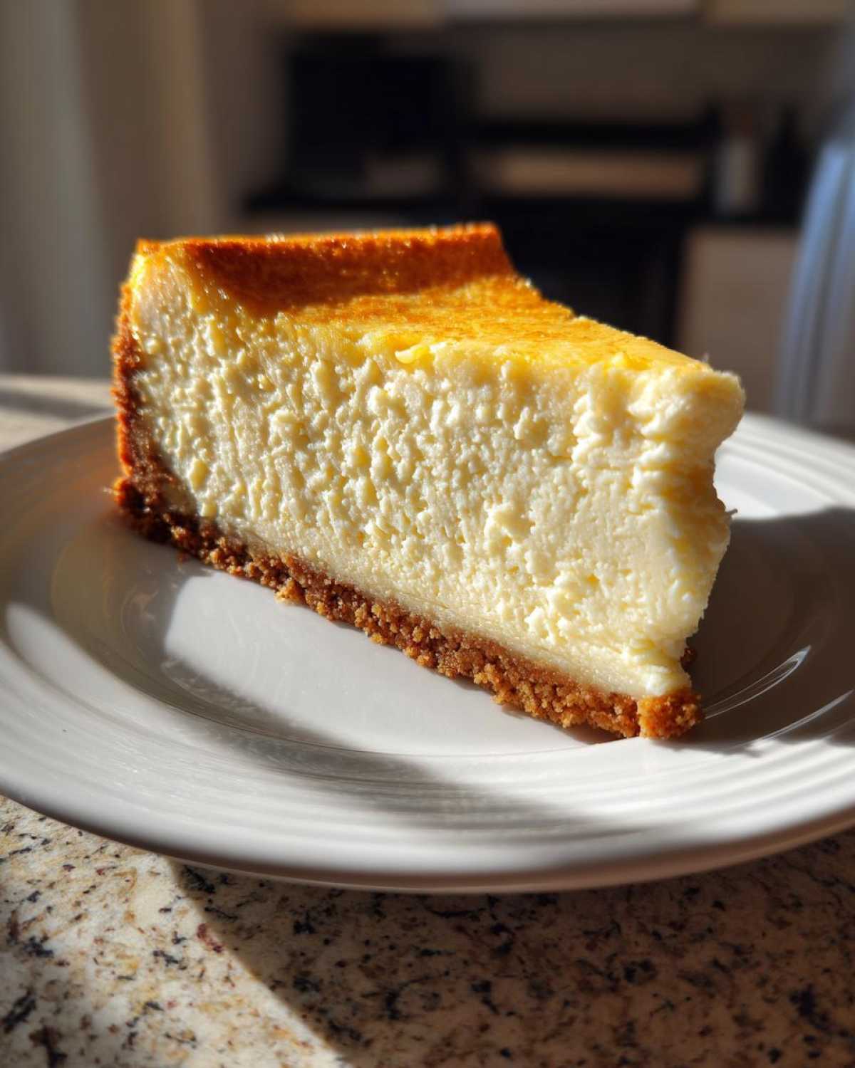 A tall, creamy slice of golden-topped white chocolate cheesecake on a white plate.