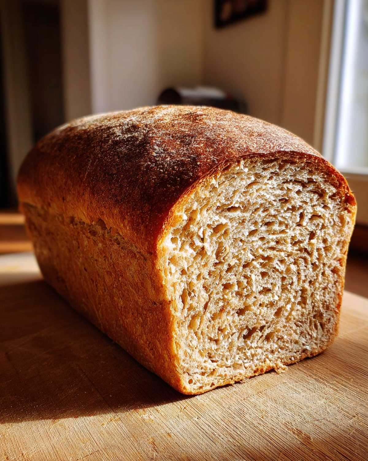 A golden-brown loaf of whole wheat bread, sliced to show the soft, airy crumb texture.
