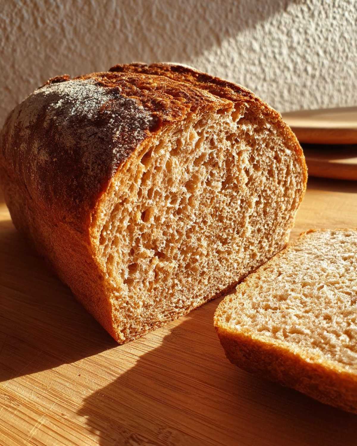 A close-up of a freshly baked whole wheat bread loaf, sliced open to show the crumb texture, resting on a wooden board.