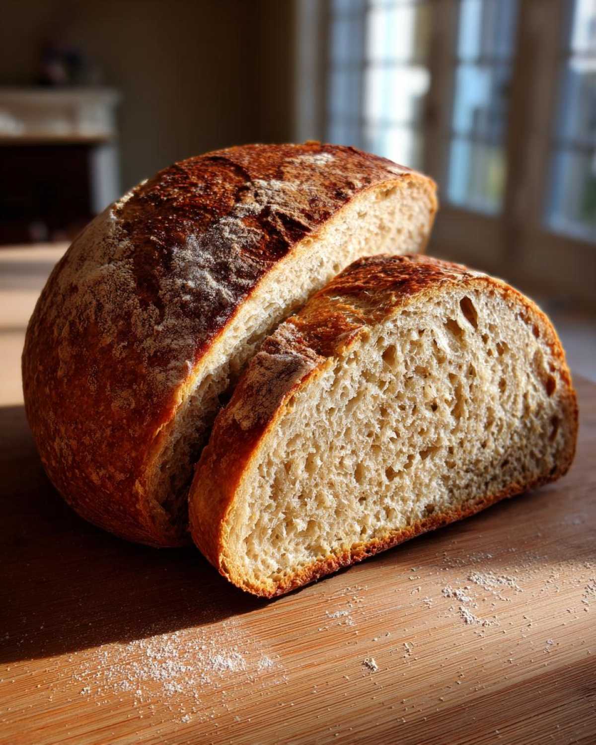 A rustic loaf of whole wheat bread, sliced open to show the airy crumb, resting on a wooden board.
