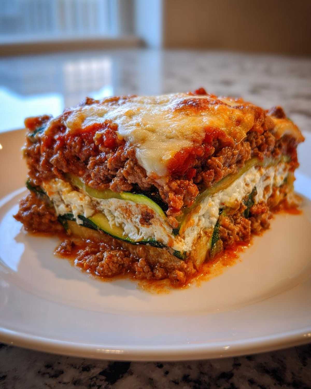 A thick, layered slice of zucchini lasagna featuring zucchini noodles, ricotta, and a rich meat sauce topped with melted cheese.